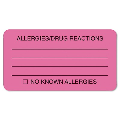 Tabbies Allergies/Drug Reaction Labels 1-3/4 x 3-1/4 Fluor Pink 250/Roll 01730