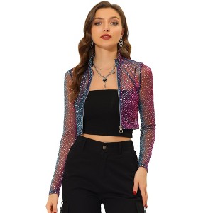 INSPIRE CHIC Women's Sheer Stand Collar Zip Up Shiny Cropped Jacket - 1 of 4