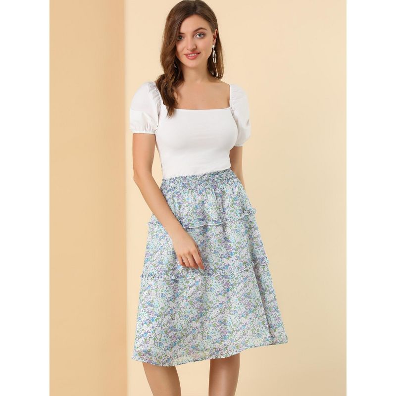 Allegra K Women's Floral Print Smocked Elastic Waist Knee Length Flowy Tiered Ruffle Skirt, 3 of 7