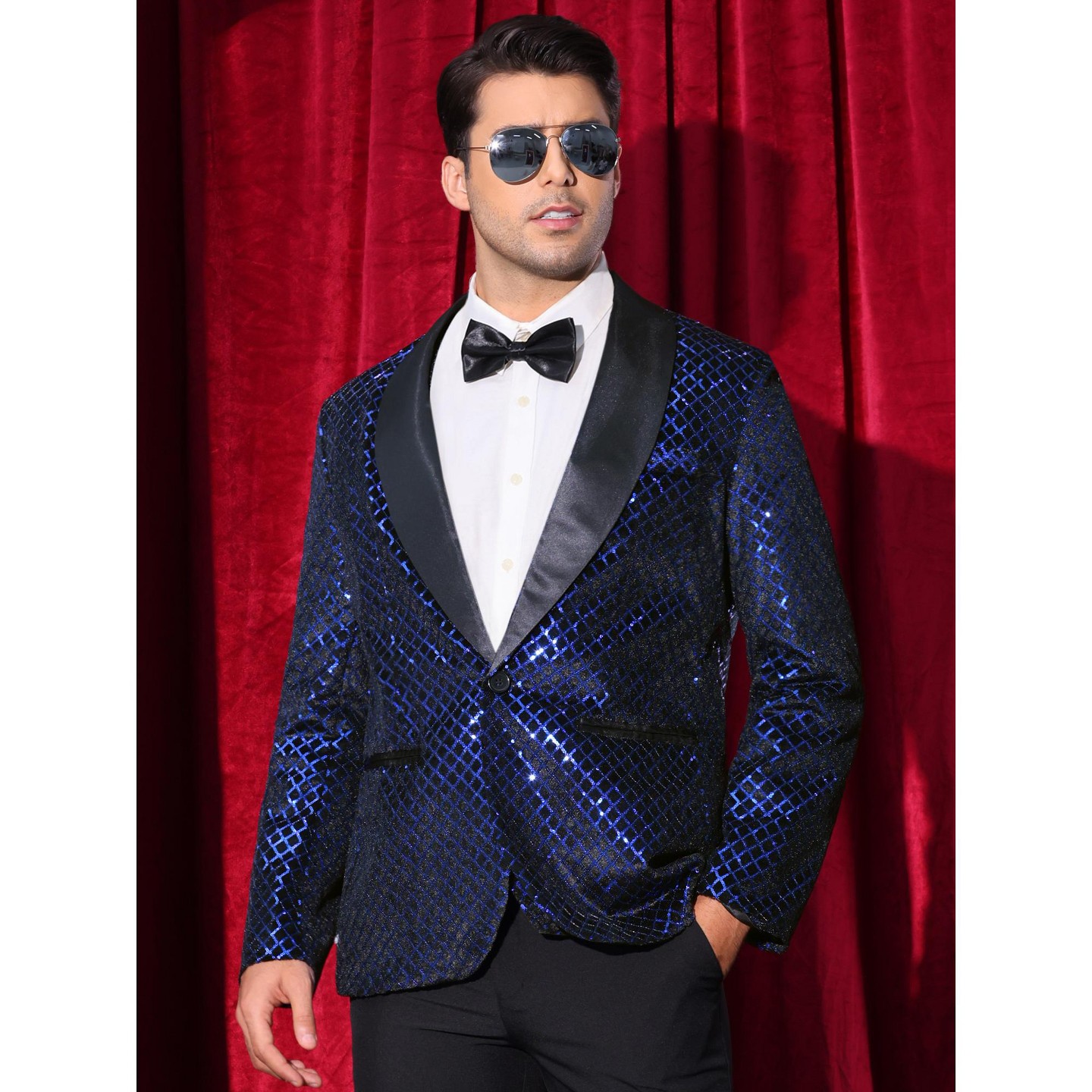 Мужской пиджак Lars Amadeus Shawl Lapel Disco Prom Party Argyle Sequin Blazer Blue, цвет: Синий — фото 2