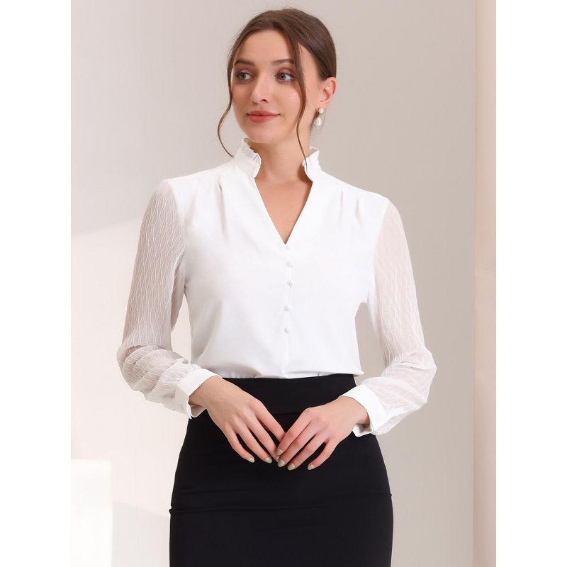 Allegra K Women's Business Ruffle V Neck Button Decor Sheer Long Sleeve Work Shirt, 2 of 6