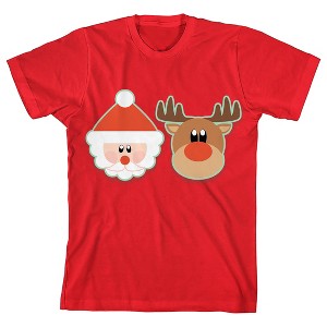 Cartoon Santa Claus With Reindeer Youth Girl's Red Short Sleeve Crew Neck Tee - 1 of 3