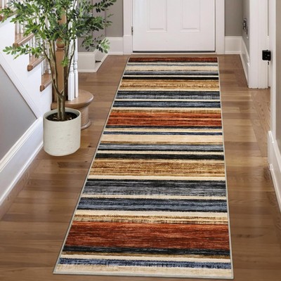 Modern Runner Rug Washable Striped Accent Carpet Non-Slip, Stain-Resistant Entry Rugs Low Pile Hallway Rug