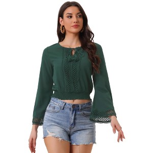 Allegra K Women's Round Neck Bell Long Sleeve Smocked Hem Cropped Blouse - 1 of 4