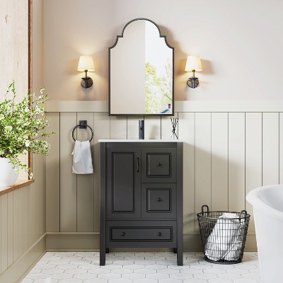 PexFix Black Bathroom Vanity Set with Arched Mirror 24 Inch Single Sink Vanity Cabinet with Soft-Close Doors & Drawers for Bathroom Storage and Décor
