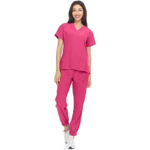 Hey Collection Womens Stretch V-Neck Jogger Scrubs Set, Medical Nursing Tops with Four Pocket Pants - 1 of 4
