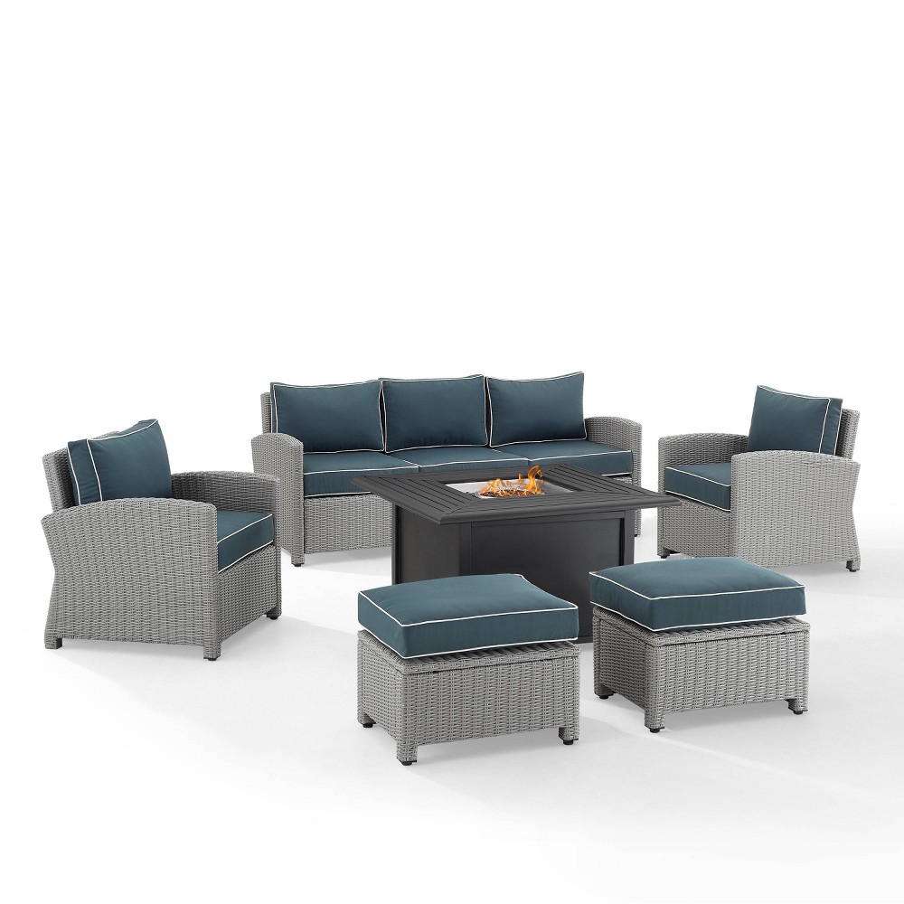 Bradenton 6pc Outdoor Wicker Sofa and Arm Chair Seating Set with Dante Fire Table and 2 Ottomans - Navy/Gray - Crosley -  82325883