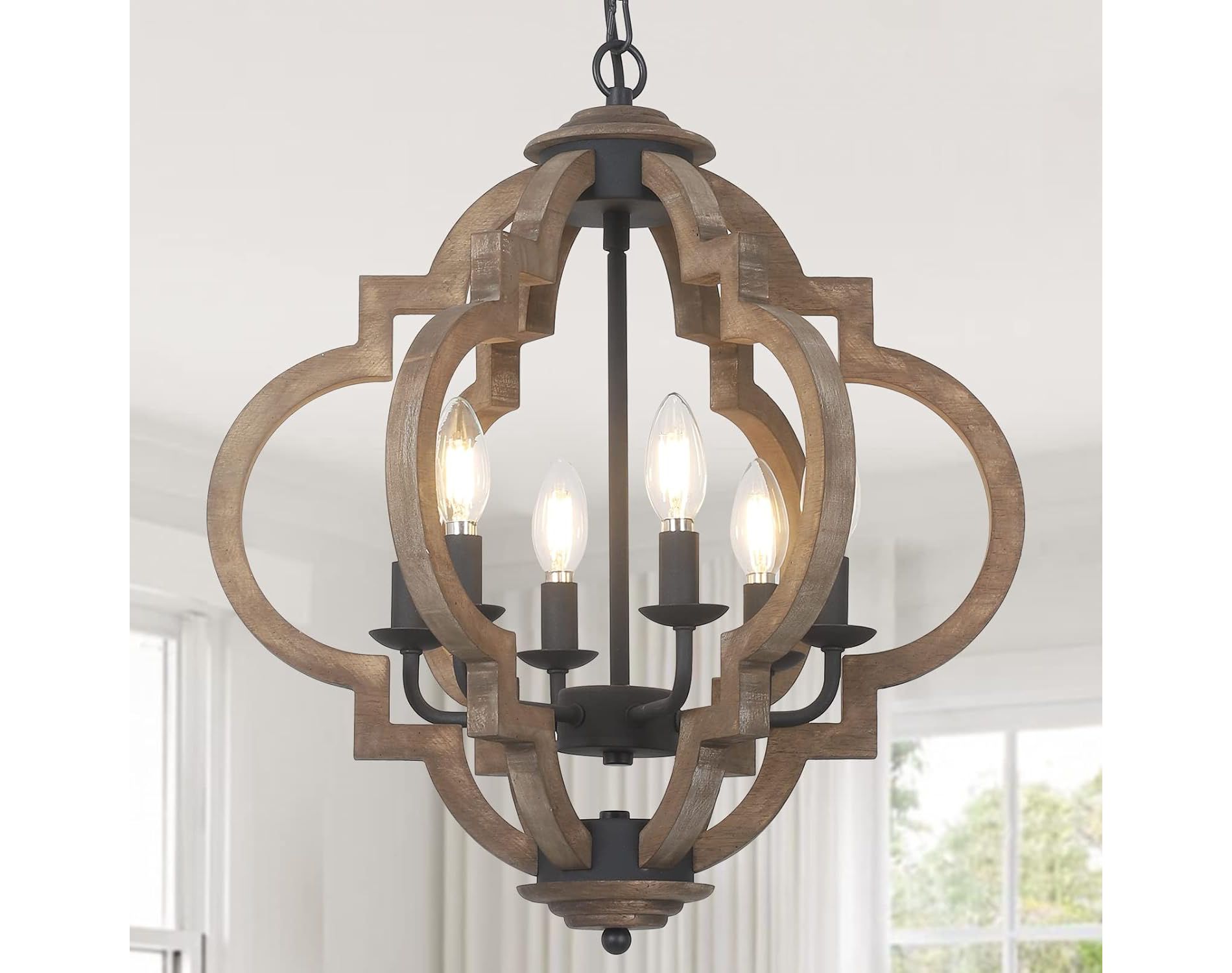 Gulches Rustic Boho 6-Light Dimmable Pendant Chandelier for Living Room with Wood Metal Geometric Orb Shade