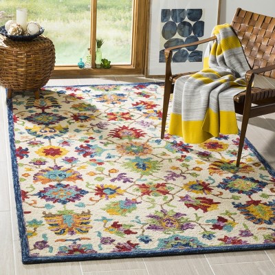 Handmade Blue Floral Tufted Wool Square Area Rug