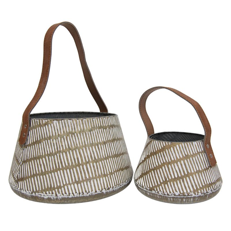 Set of 2 Brass Metal & Leather Baskets - Foreside Home & Garden, 1 of 8