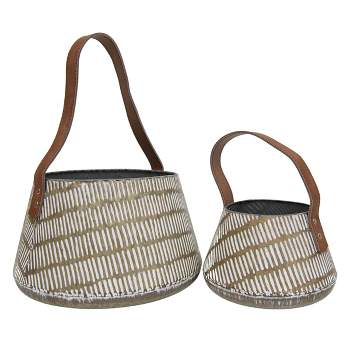 Set of 2 Brass Metal & Leather Baskets - Foreside Home & Garden