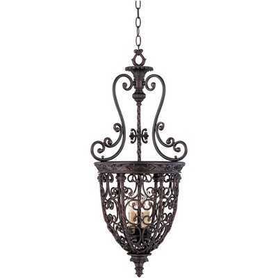 Franklin Iron Works Rubbed Bronze Pendant Chandelier 15 1/4" Wide 3-Light French Scroll Dining Room House Foyer Kitchen Entryway