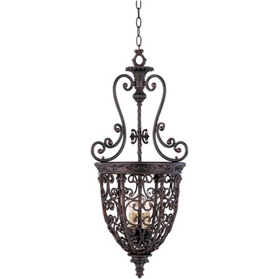 Franklin Iron Works Rubbed Bronze Pendant Chandelier 15 1/4" Wide 3-Light French Scroll Dining Room House Foyer Kitchen Entryway