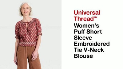 Women's Puff Short Sleeve Embroidered Tie V-Neck Blouse - Universal Thread™