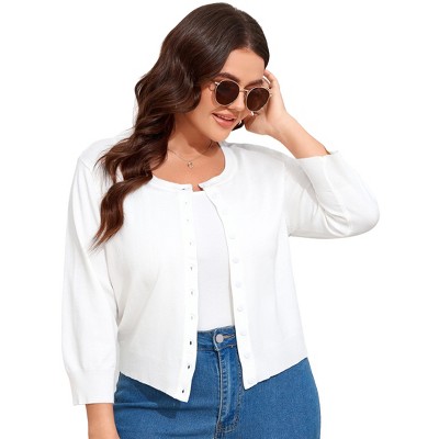 Women Plus Size Cardigans Round Neck Knit Cardigan Open Front Sweater 3/4 Sleeve Cardigan Button Outwear