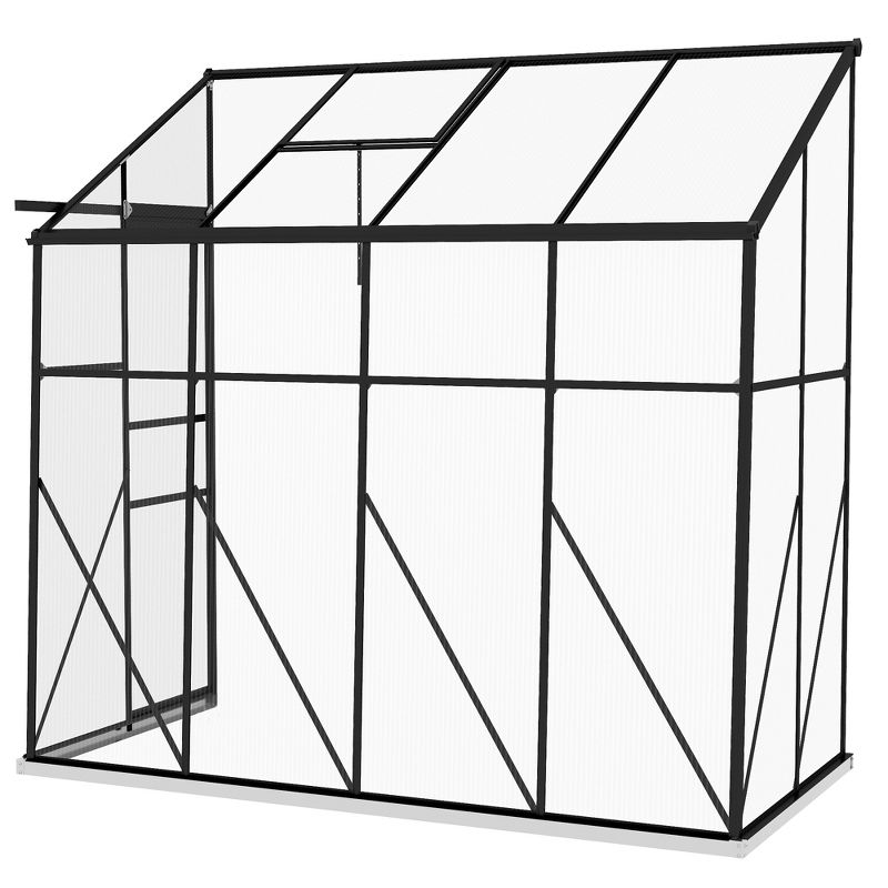 Outsunny Lean-to Polycarbonate Greenhouse with Sliding Door, Roof Vent, Rain Gutter, Walk-in Aluminum Hot House, Black, 4 of 7