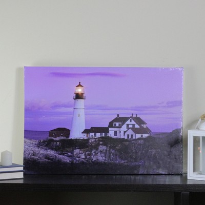 Coastal Lighthouse Home with Purple Sunset Canvas Wall Art