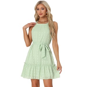 Allegra K Women's Summer Swiss Dots Halter Neck Tie Waist Sleeveless Flowy Sundresses - 1 of 4
