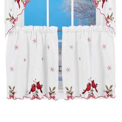 Red and White Polyester Lace Detail Kitchen Tier Curtains