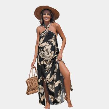 Women's Black Tropical Halter Maxi Dress - Cupshe