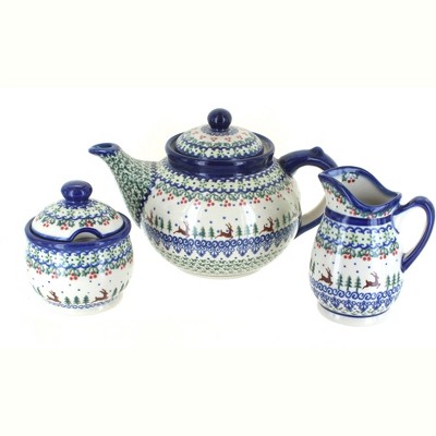 Blue Rose Polish Pottery 1700 Vena 3 Piece Tea Set
