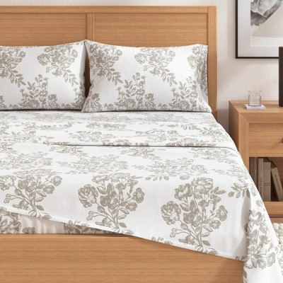 King Grey Toile Print Cotton Flannel Sheet Set