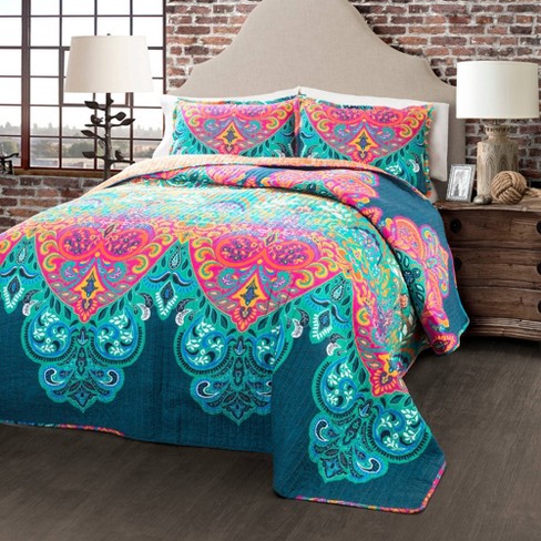 Lush Decor Bohemian Stripe 7 Piece Comforter Set Full/Queen Turquoise Orange