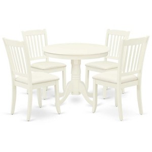 HomeStock 5-Piece Round Linen White Finish Solid Wood Top Dining table with 4-Chairs with Slat Back - 1 of 4