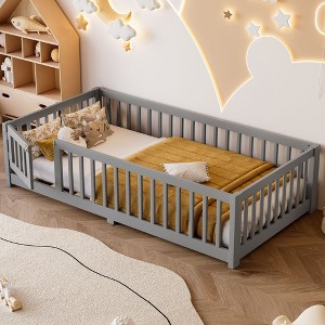 NicBex Twin/Full/Queen Kids Platform Bed Frame with Safety Guardrails & Detachable Door,Modern Floor Bed for Bedroom,Kids Room - 1 of 4