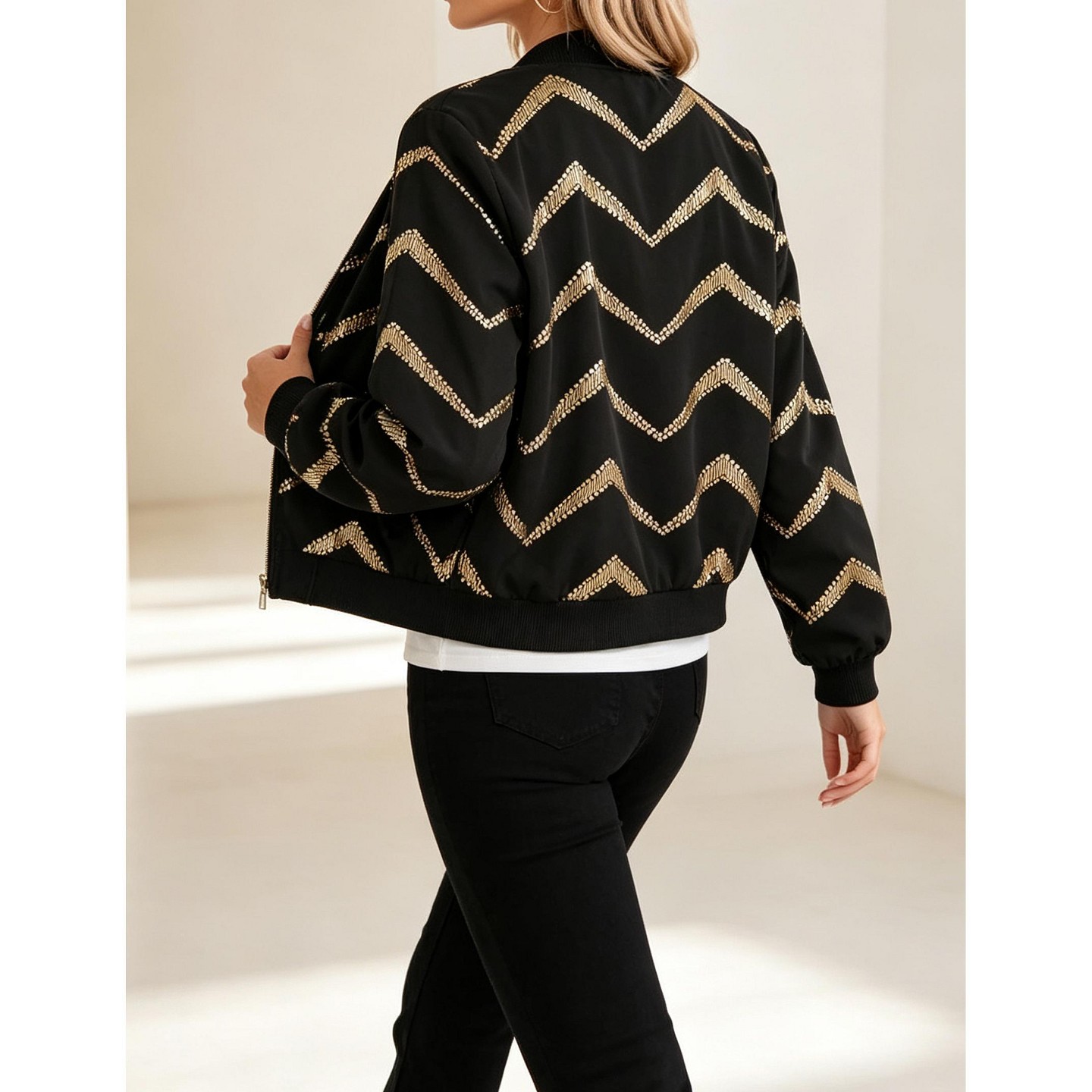 Женская куртка YesFashion Women Gold Print Zip Up Jacket Classic Stand Collar Long Sleeve Casual Cropped Outerwear, Black, цвет: Золотой — фото 4