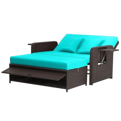 Tangkula Rattan Loveseat Set Daybed Lounge Storage Ottoman Side Tables Adjust Patio