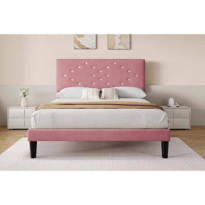 Velvet Bed Frame, Upholstered Platform Bed with Button Tufted Headboard & Under-Bed Storage Space, Sturdy Wooden Slats Support, No Box Spring Needed