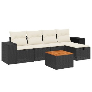 vidaXL Patio Sofa Set with Cushions Outdoor Furniture 6 Piece Poly Rattan - Black and Cream without Storage - 1 of 4