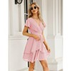 Womens Skater Dresses Sexy V Neck Short Sleeve Tie Waist Solid Ruffle Boho Flowy Swing Mini Dress - 3 of 4