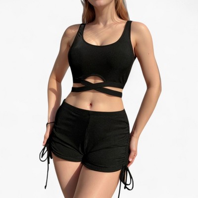Anna-Kaci Swim Women's Ribbed Knit Two-Piece Lounge Set with Crisscross Crop Top and Ruched Drawstring Shorts