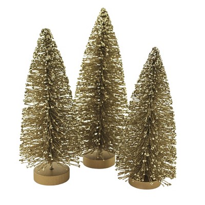 Christmas 10.25" Old Gold Bottle Brush Trees Set Of Three Glittered  -  Decorative Figurines