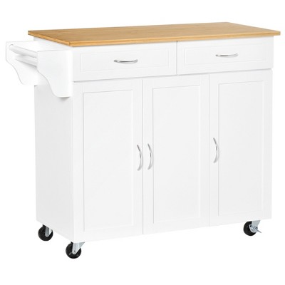 HOMCOM Rolling Kitchen Island Cart with Large Bamboo Countertop 2 Cabinets with Adjustable Shelves and Wheels White