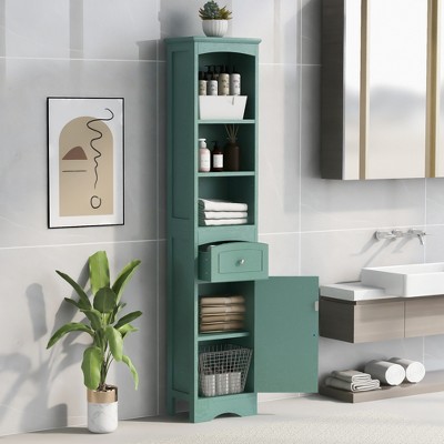 TiramisuBest Tall Bathroom Cabinet, Freestanding Storage Cabinet with Drawer, MDF Board, Adjustable Shelf, Green