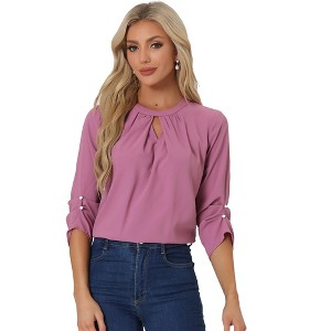 INSPIRE CHIC Women's Work Office Keyhole Pleated Front Ruched 3/4 Sleeve Chiffon Blouse - 1 of 4