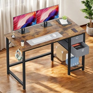 GlasFlength Desks Computer Desk with Drawers, Office Desk with Storage Shelf Headphone Hook for Students Study Writing Table, Brown, 47 In - 1 of 4