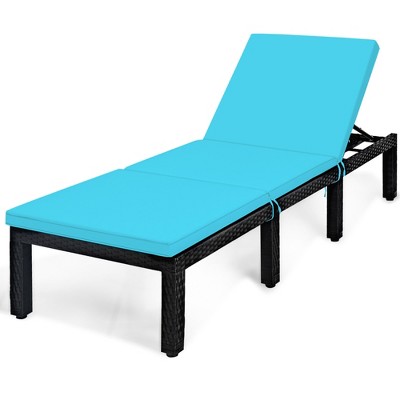 Tangkula Adjustable Rattan Patio Chaise Lounge Chair Couch w/ Turquoise Cushion