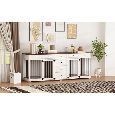 FUFU&GAGA 89" Dog Crate Furniture Large Furniture Style Dog Crate with Drawers White