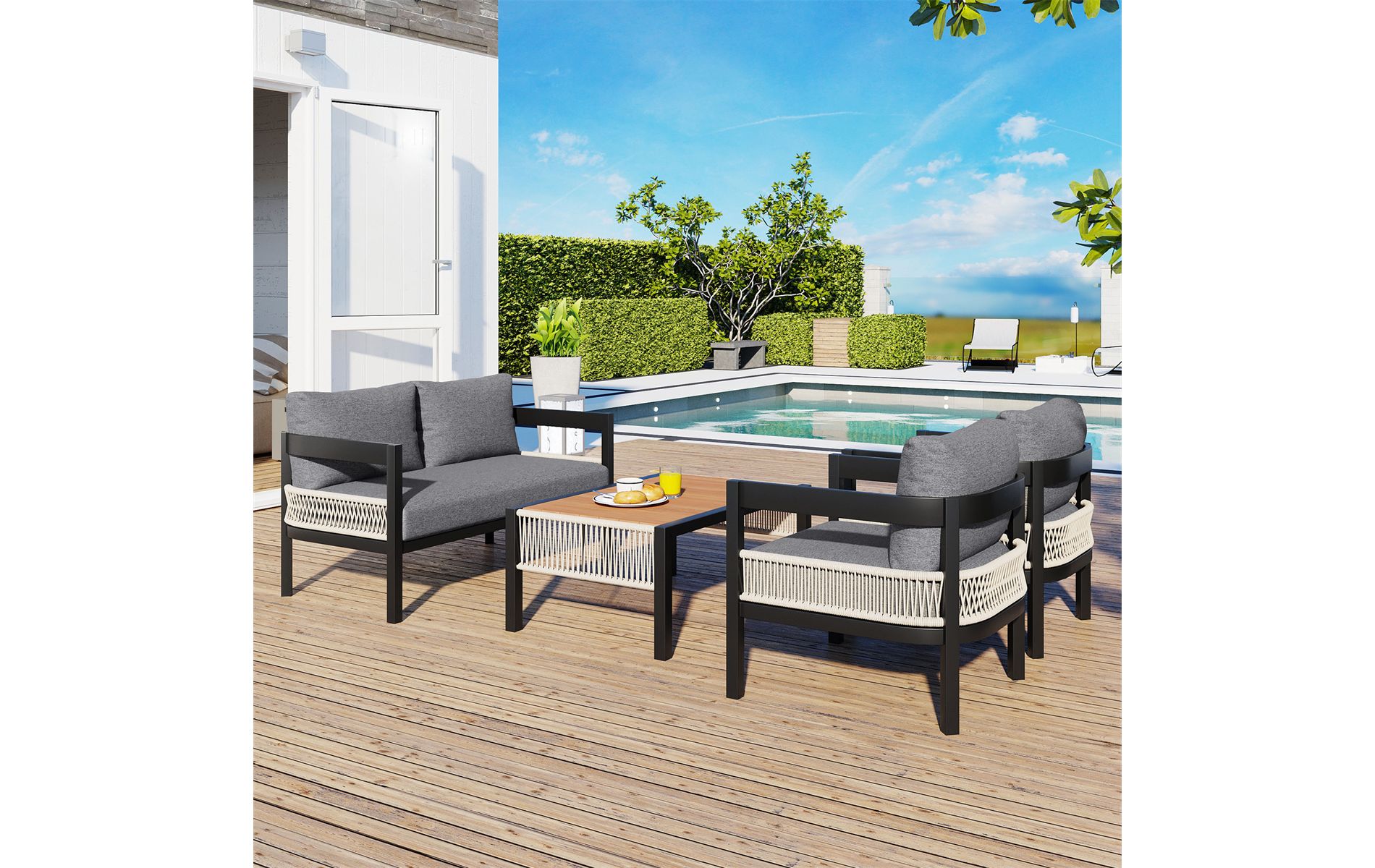 ELJGET 4-Piece Outdoor Seating Set, All-Weather Patio Furniture with Table & PE Wicker, for Garden, Lawn, Poolside, Gray