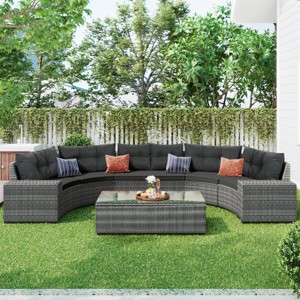 Outdoor 8-Pieces Sectional Sofa Set, Half-Moon Sofa with Glass Tabletop, PE Rattan Sofa with Steel Frame and Removable Cushions–Cuddlewood - 1 of 4