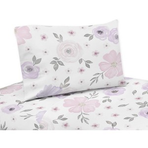 Sweet Jojo Designs Kids Twin Sheet Set Watercolor Floral Purple Pink and Grey 3pc - 1 of 3