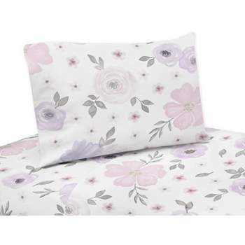 Sweet Jojo Designs Kids' Queen Sheet Set Watercolor Floral Purple Pink and Grey 4pc