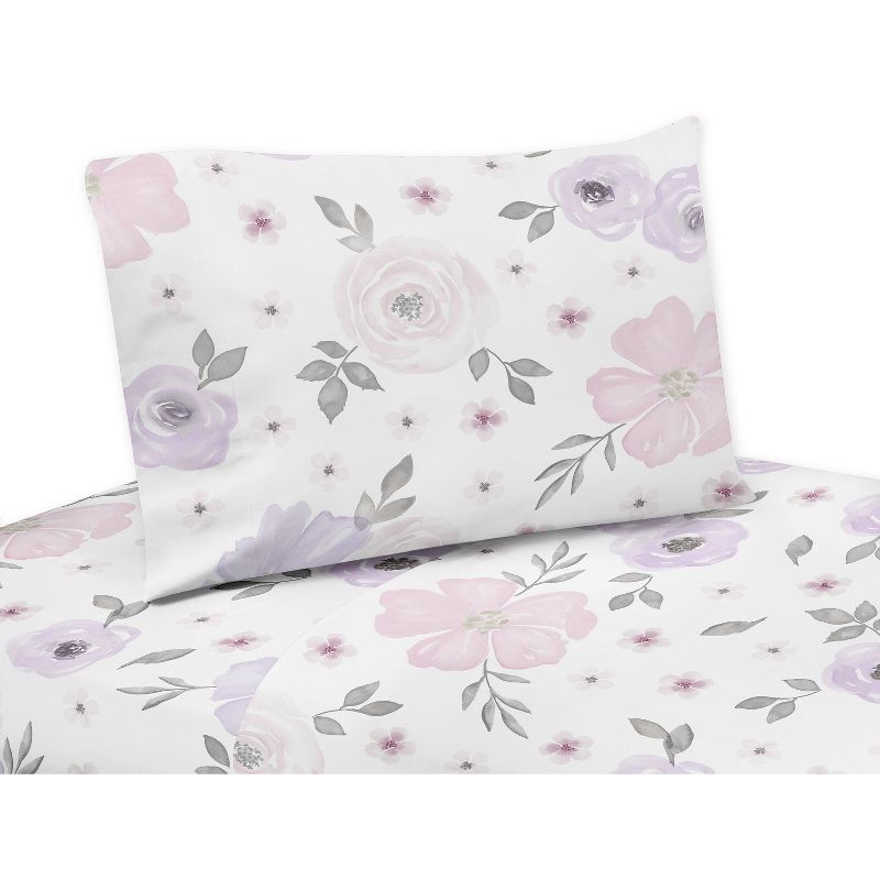Sweet Jojo Designs Kids Twin Sheet Set Watercolor Floral Purple Pink and Grey 3pc, 1 of 5
