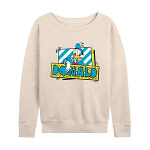 Women's - Disney - Leaning Donald Duck With Nametag Lightweight French Terry Wide Neck Long Sleeve Shirt - 1 of 4