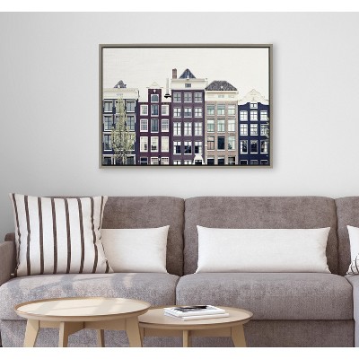 Caroline Mint Urban Townhouses Framed Canvas Print, 23x33, Gray