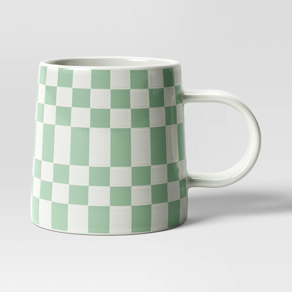 Photos - Glass 16oz Stoneware Checkerboard Mug Green - Room Essentials™
